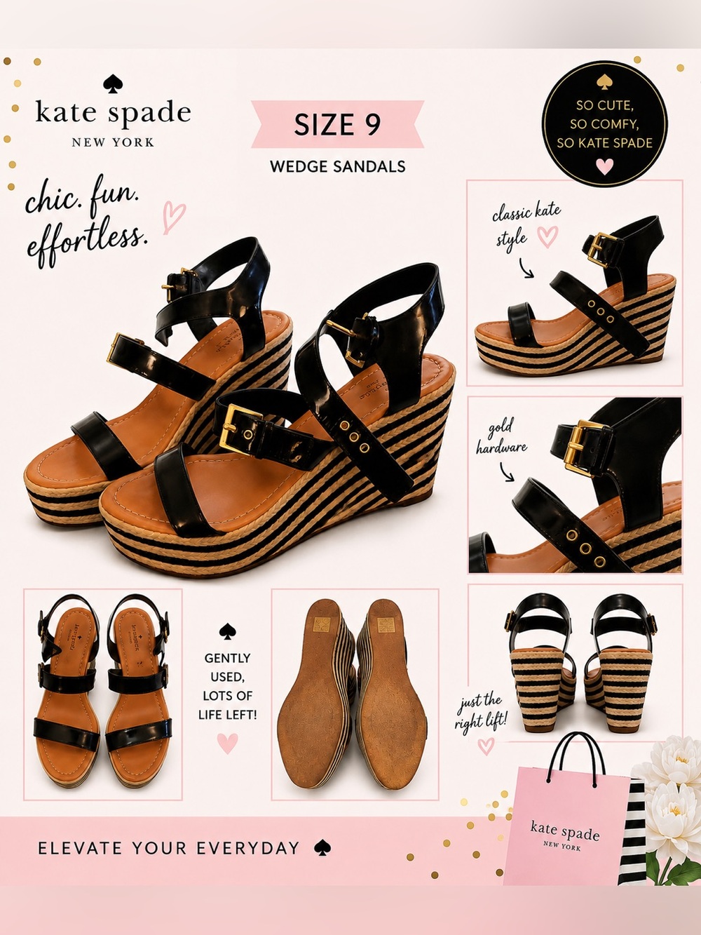 kate spade Black Striped Espadrille Wedge Sandals